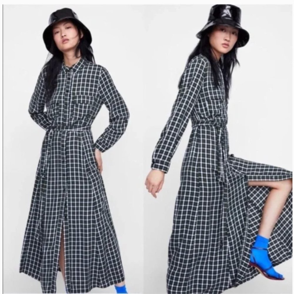 Zara Green plaid Shirt Dress US Medium